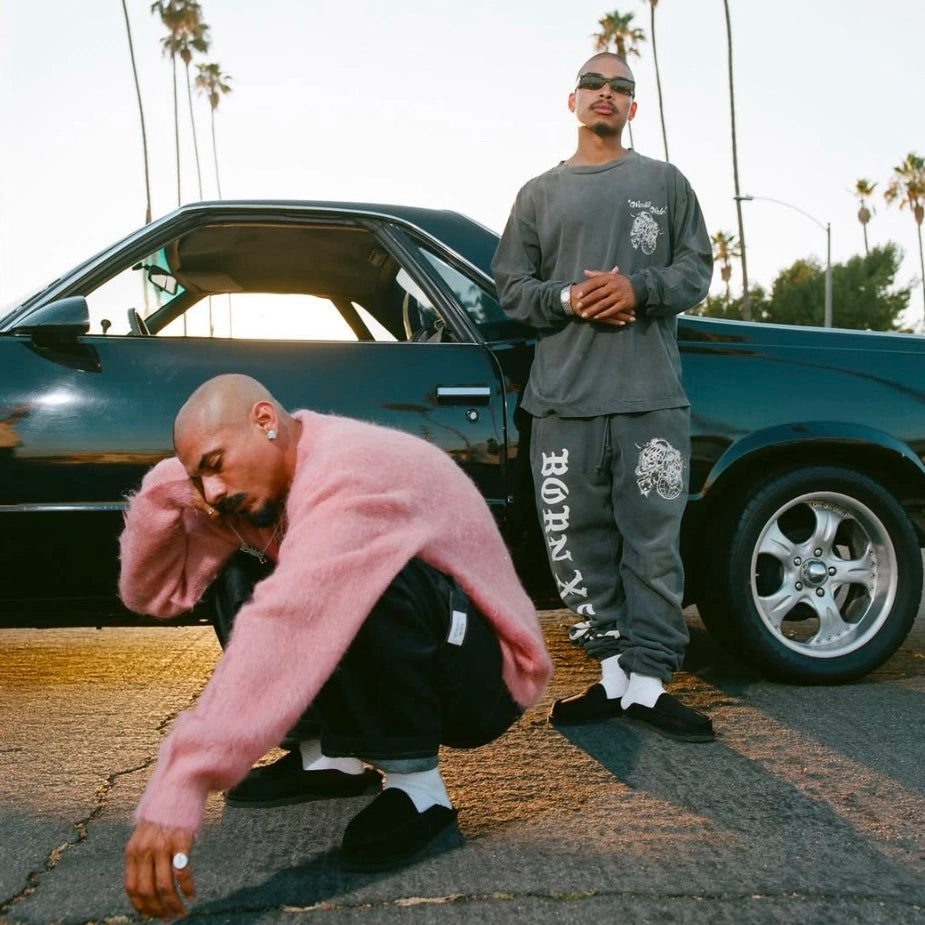 Chicano wearing Trooper America corduroy slip-ons shoes in Los Angeles